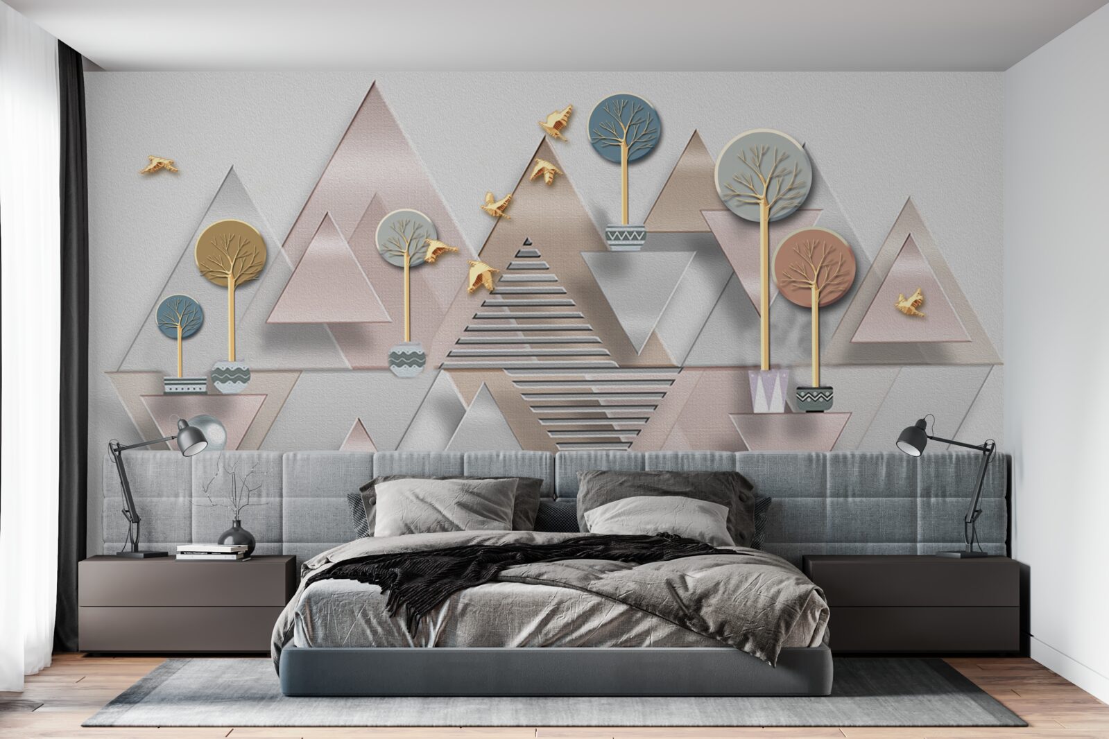 Papier peint le reflet de la forêt dans l'eau est présenté comme une abstraction géométrique