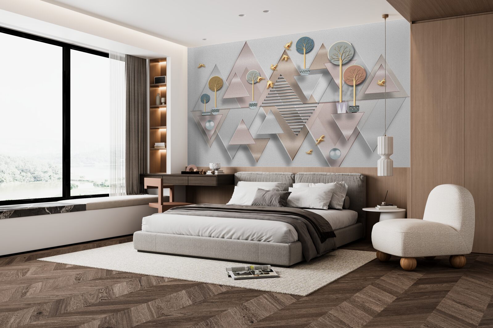 Papier peint le reflet de la forêt dans l'eau est présenté comme une abstraction géométrique