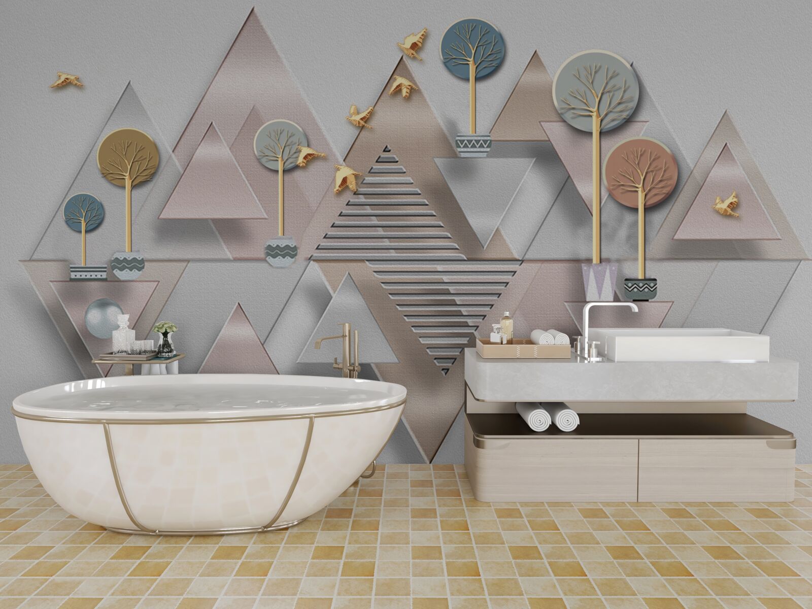 Papier peint le reflet de la forêt dans l'eau est présenté comme une abstraction géométrique