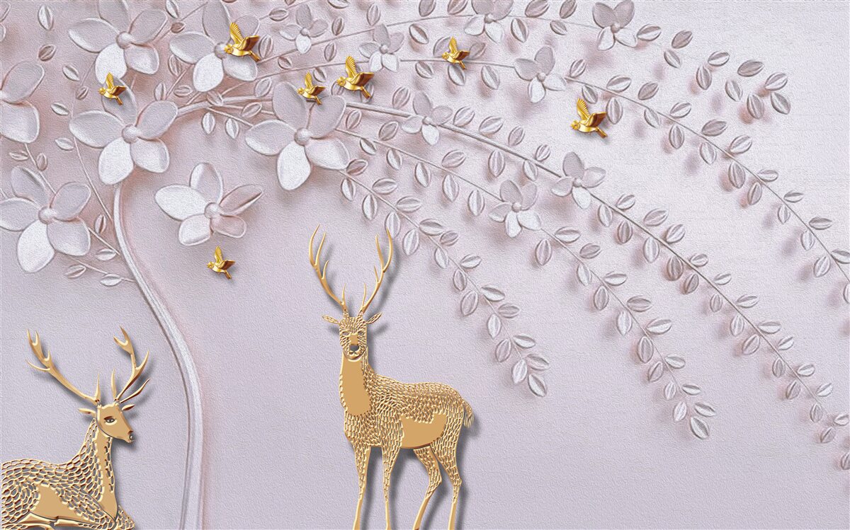 Papier peint cerf majestueux près d'un arbre en fleurs