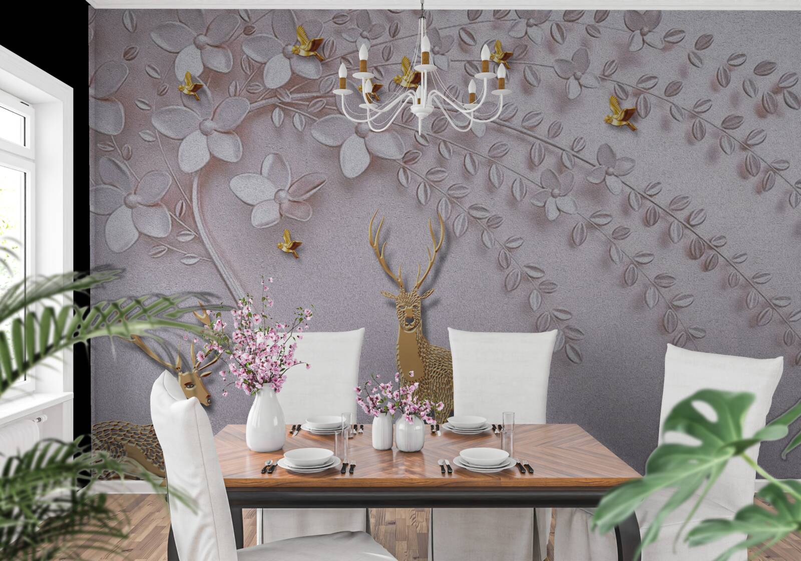 Papier peint cerf majestueux près d'un arbre en fleurs