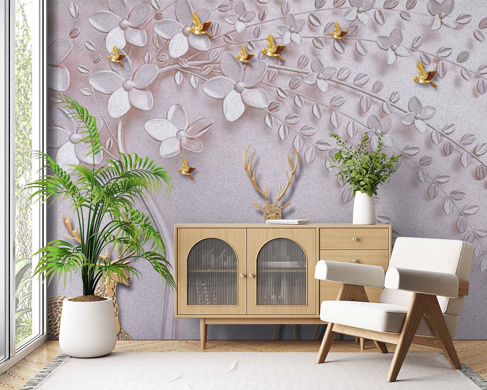 Papier peint cerf majestueux près d'un arbre en fleurs