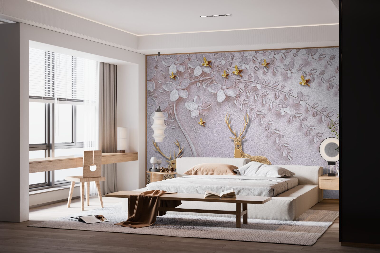 Papier peint cerf majestueux près d'un arbre en fleurs