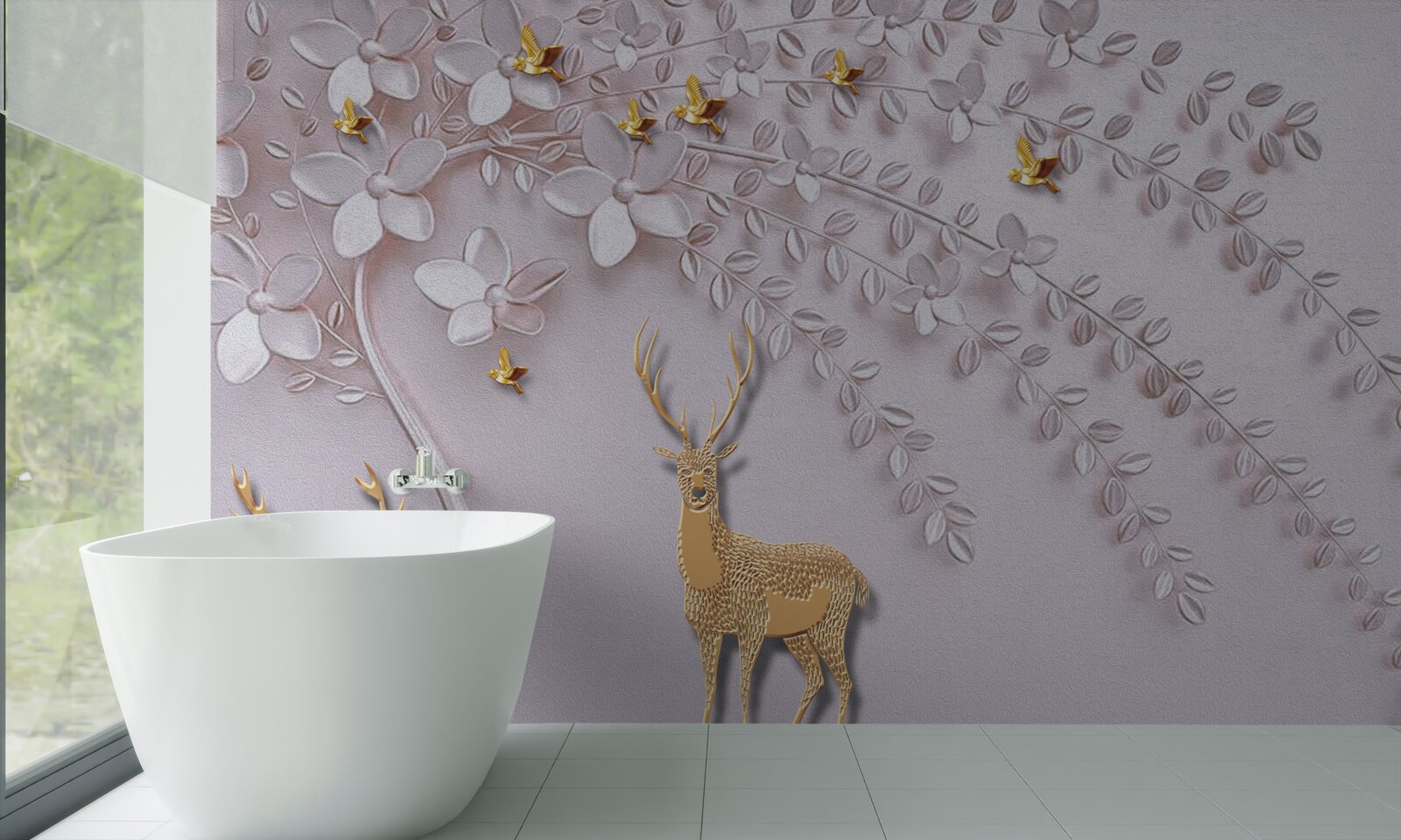 Papier peint cerf majestueux près d'un arbre en fleurs