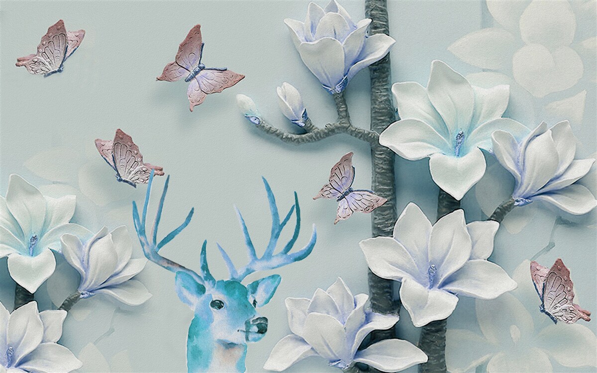 Papier peint cerfs, magnolia blanc et papillons