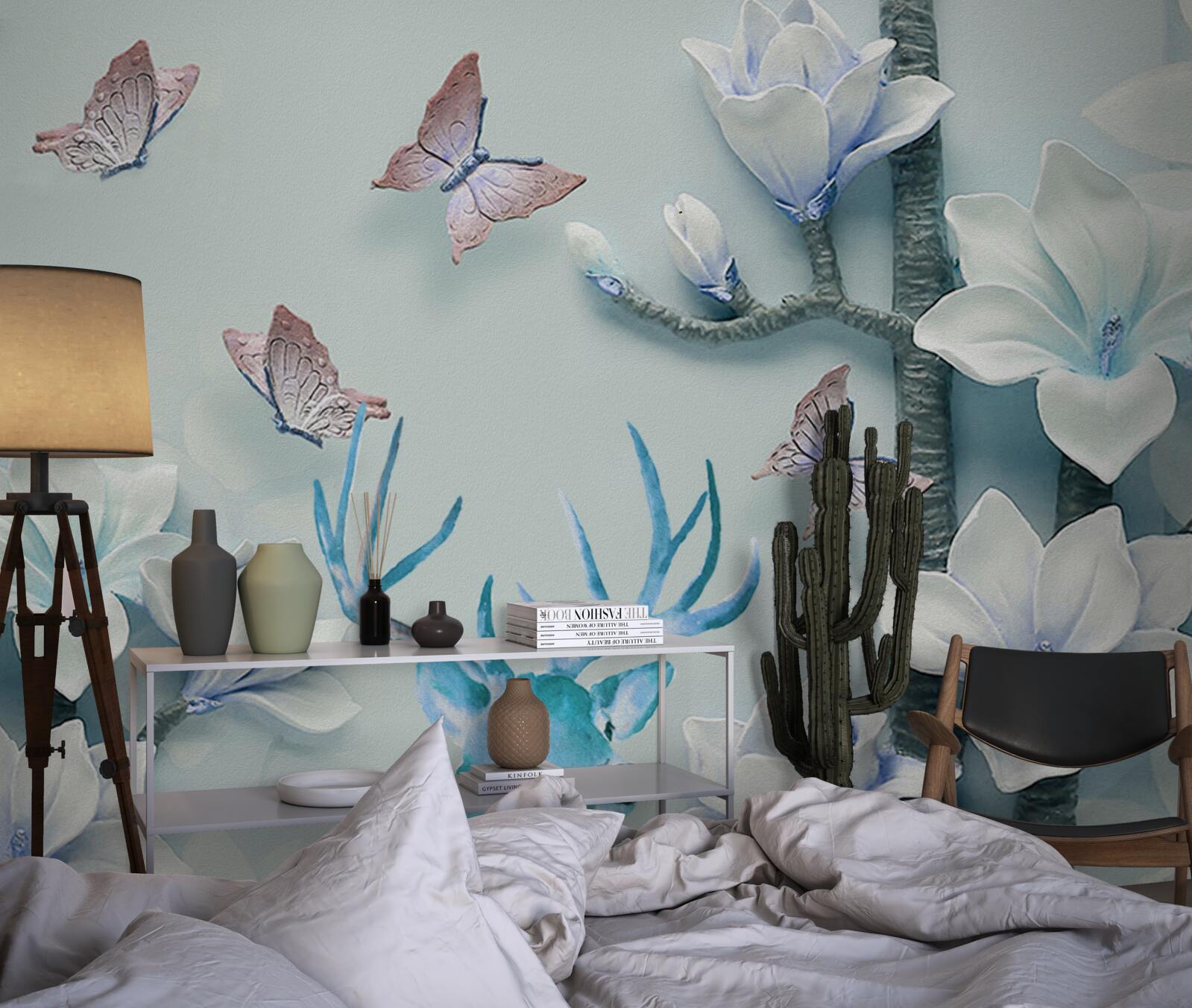 Papier peint cerfs, magnolia blanc et papillons