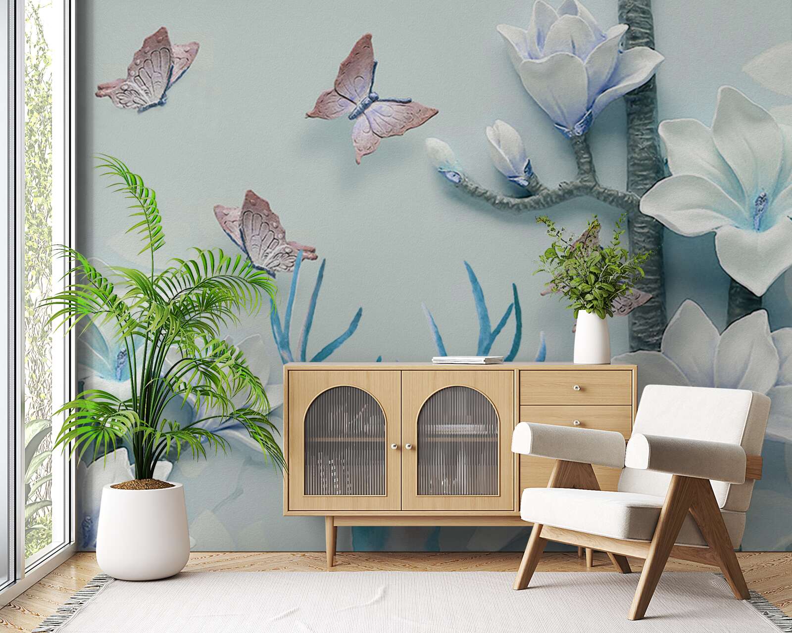 Papier peint cerfs, magnolia blanc et papillons