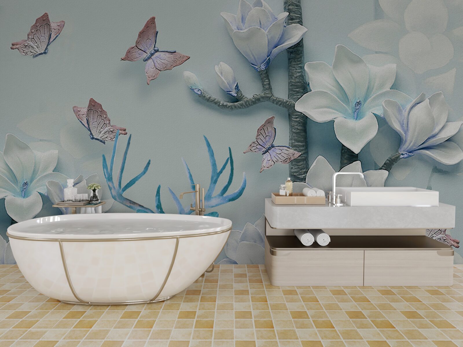 Papier peint cerfs, magnolia blanc et papillons