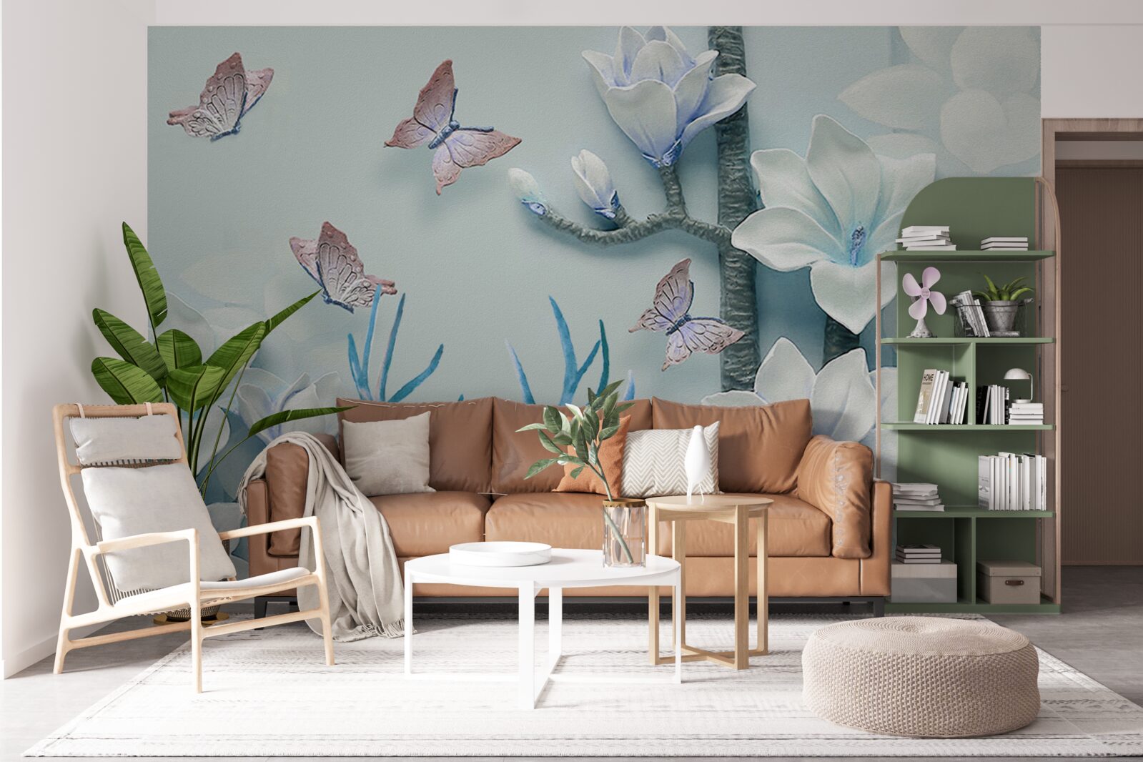 Papier peint cerfs, magnolia blanc et papillons