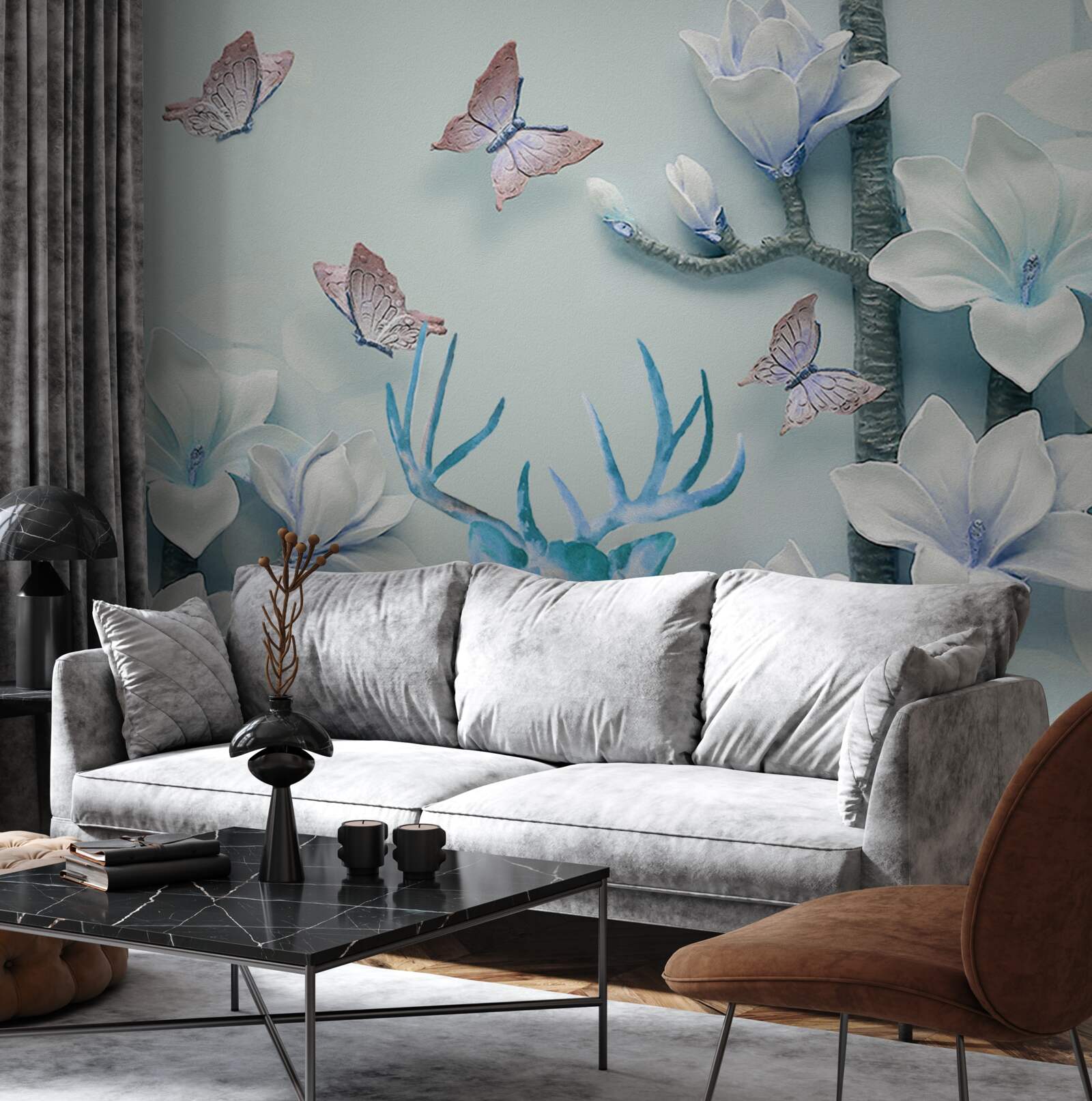 Papier peint cerfs, magnolia blanc et papillons