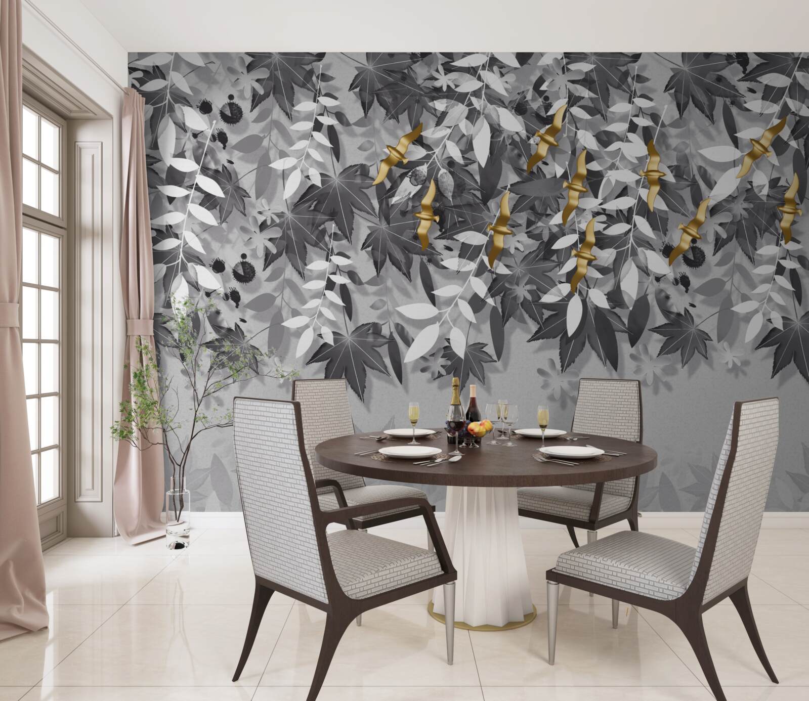 Papier peint les branches sont blanches comme la neige avec des fleurs dorées