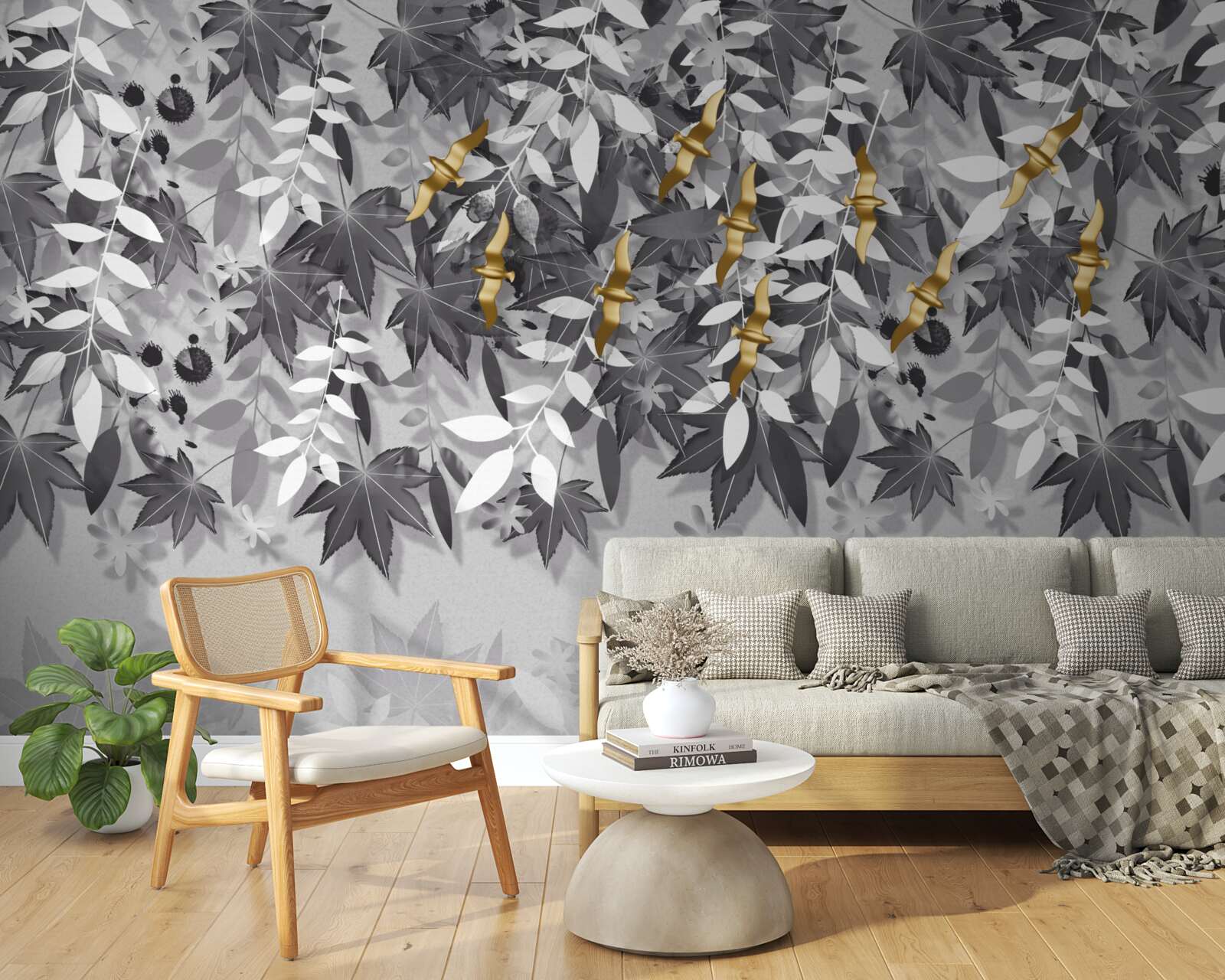 Papier peint les branches sont blanches comme la neige avec des fleurs dorées