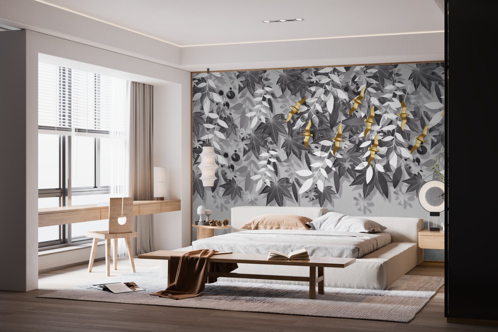 Papier peint les branches sont blanches comme la neige avec des fleurs dorées