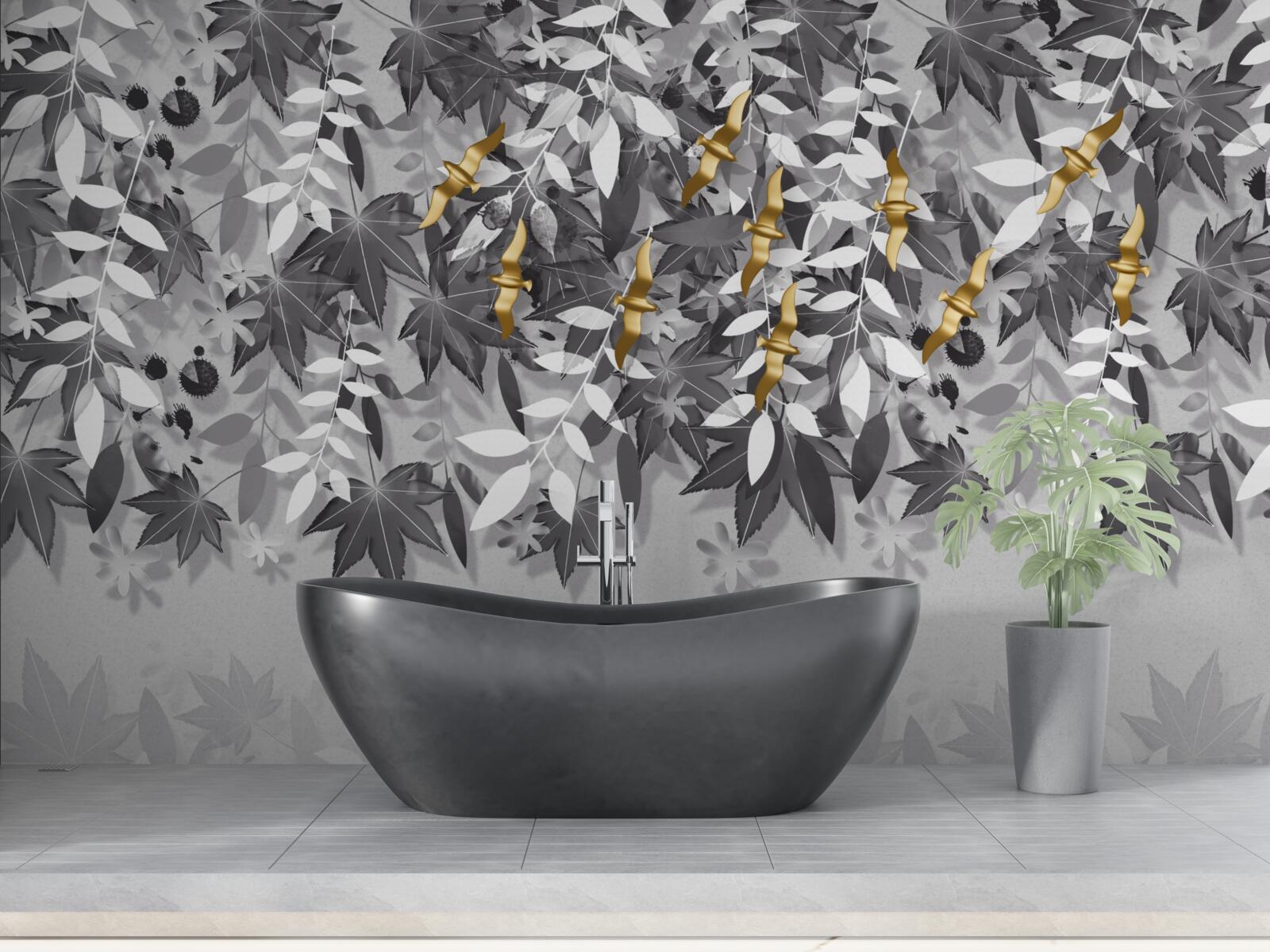 Papier peint les branches sont blanches comme la neige avec des fleurs dorées