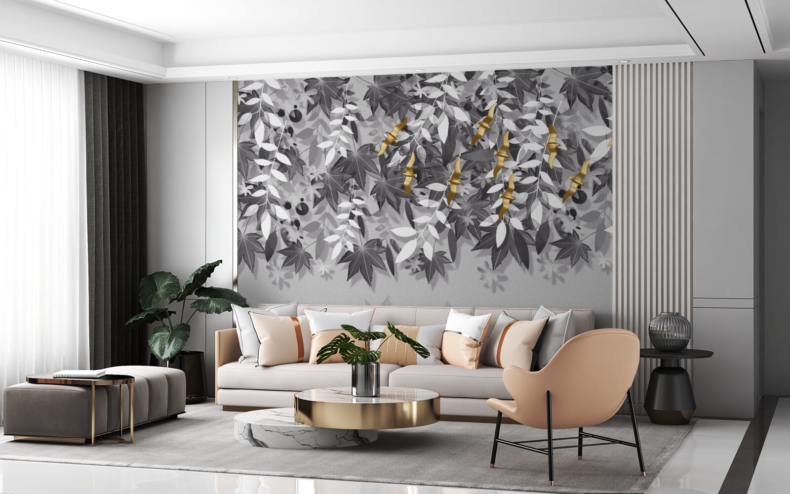 Papier peint les branches sont blanches comme la neige avec des fleurs dorées