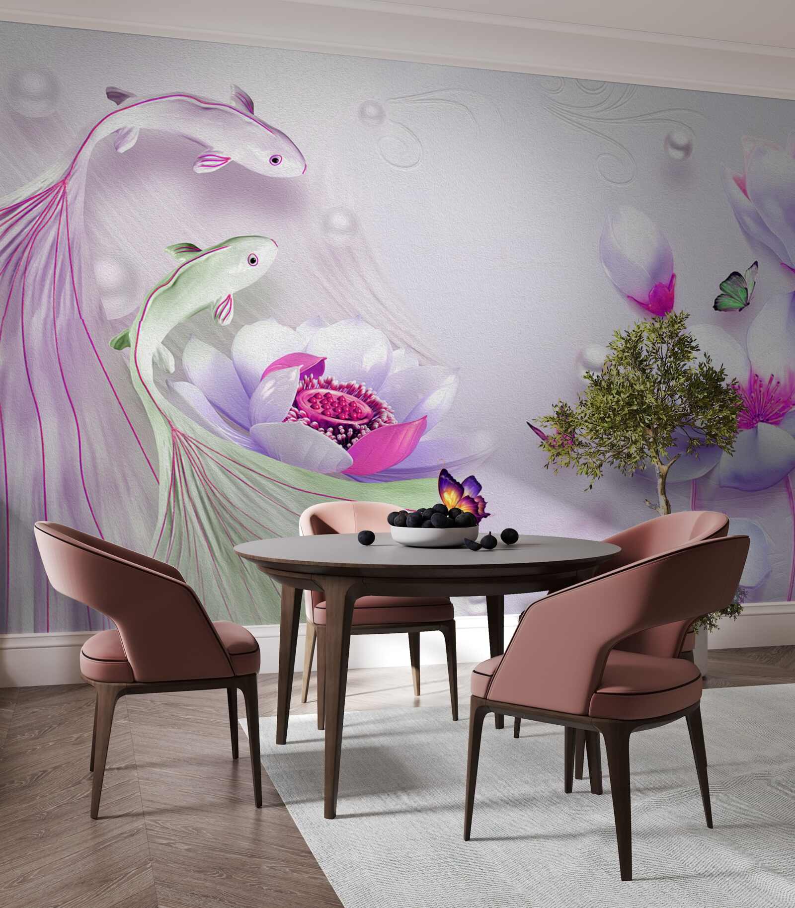 Papier peint Magnolia blanc comme neige et petits poissons