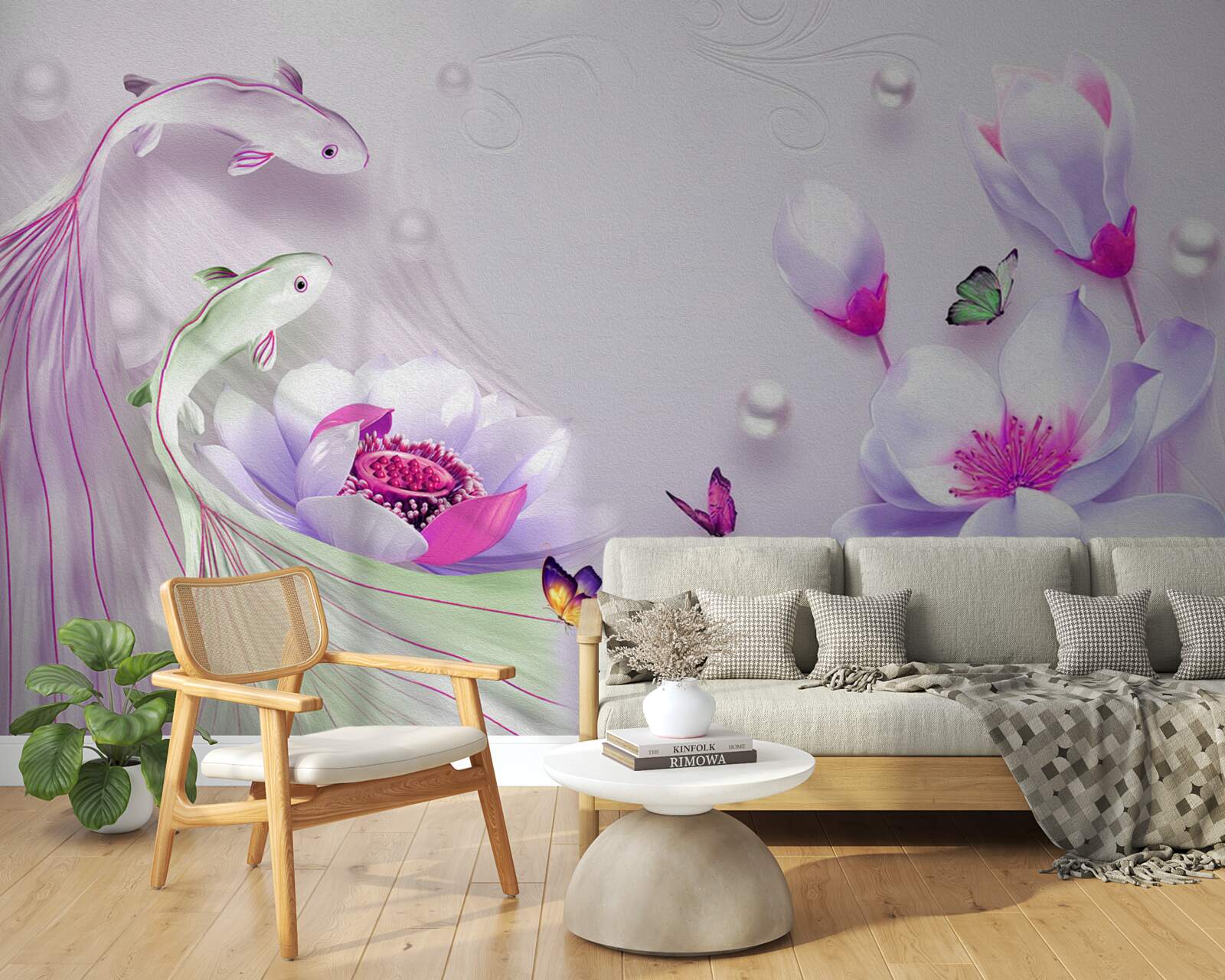 Papier peint Magnolia blanc comme neige et petits poissons