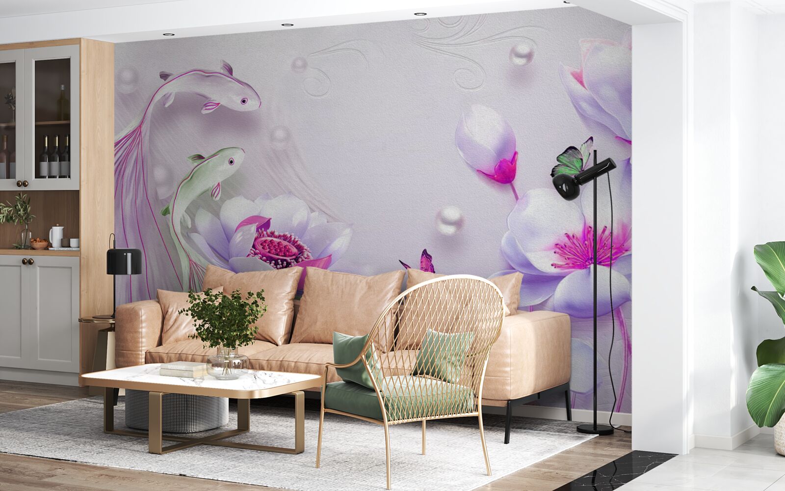 Papier peint Magnolia blanc comme neige et petits poissons