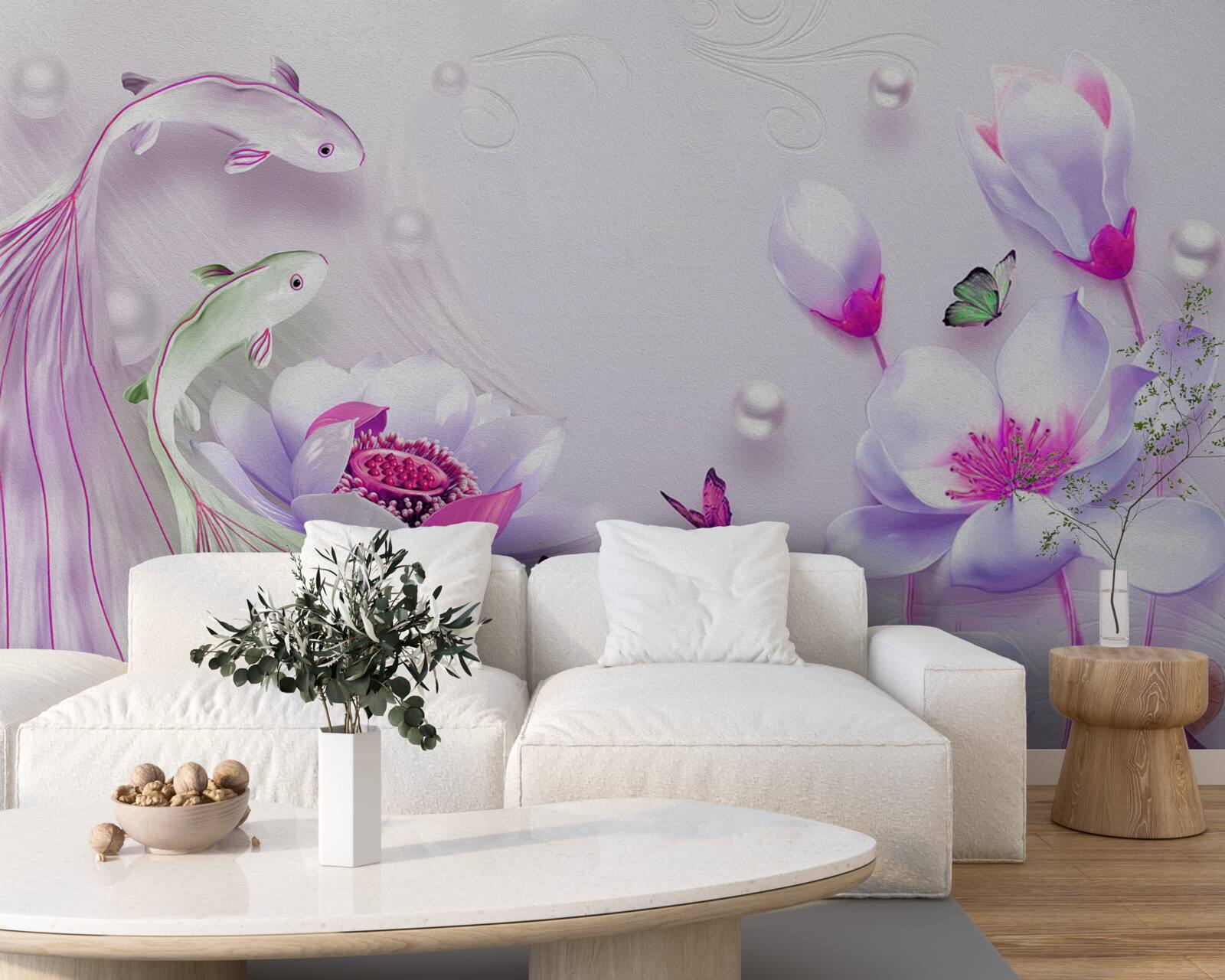 Papier peint Magnolia blanc comme neige et petits poissons