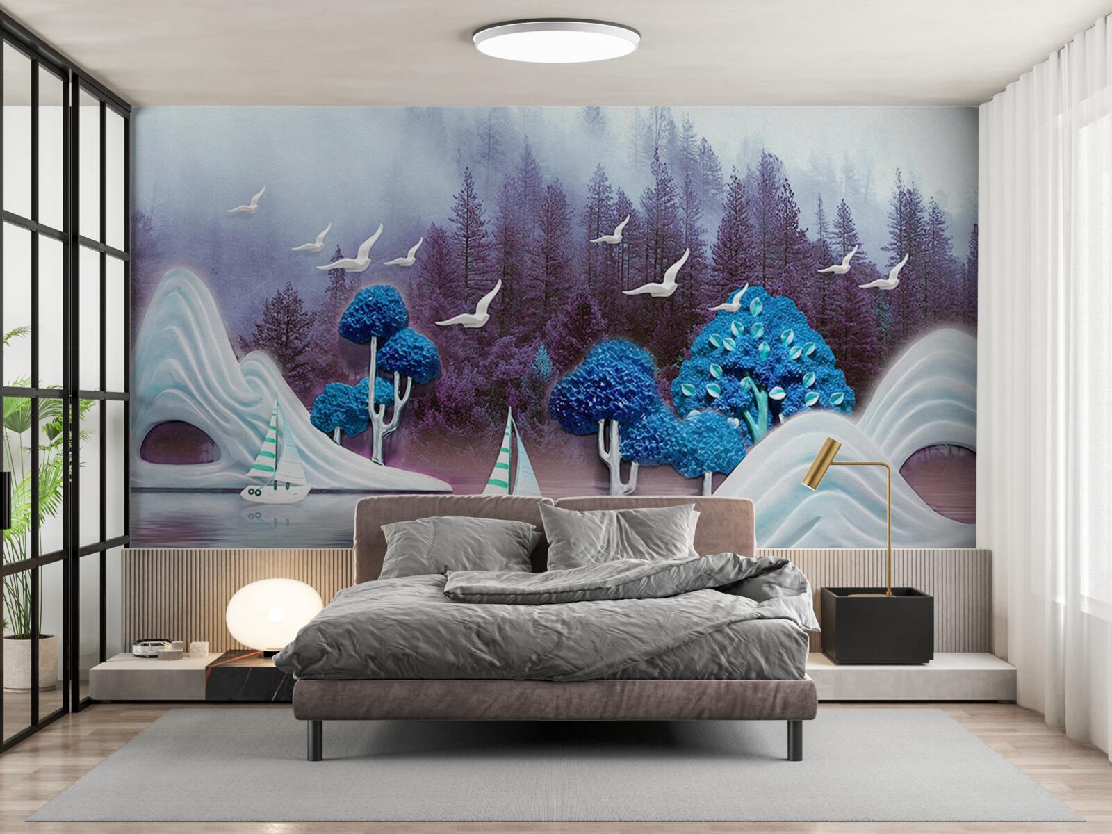 Papier peint les bateaux à voile naviguent sur un lac sombre