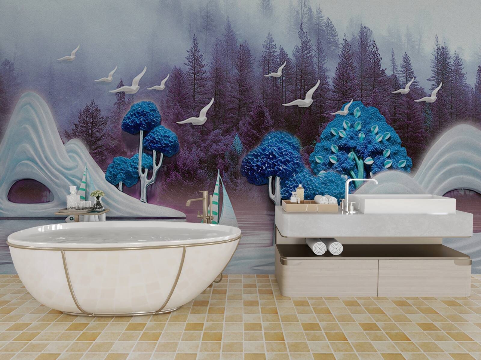 Papier peint les bateaux à voile naviguent sur un lac sombre