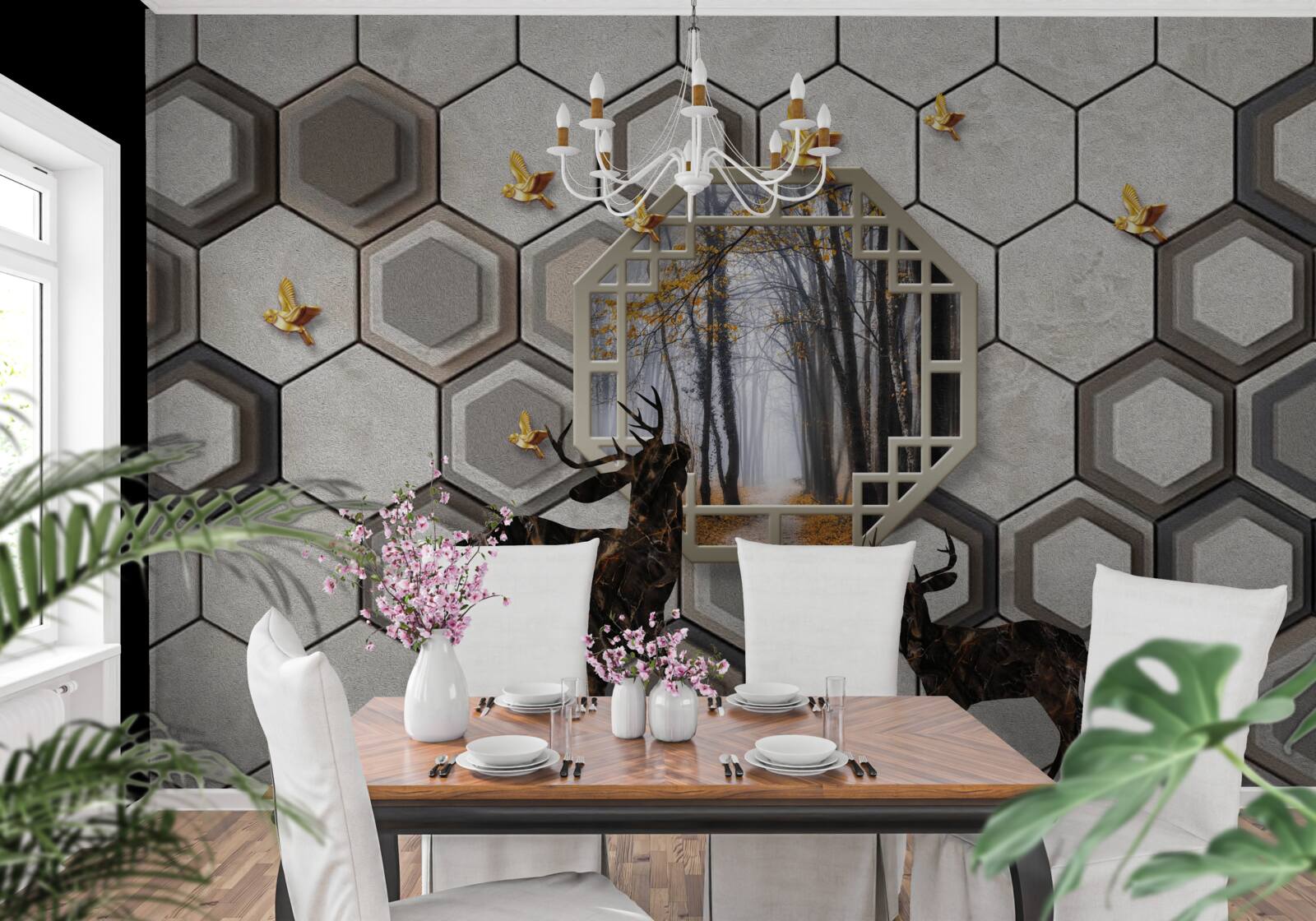 Papier peint cerf sur fond de forêt créé avec des mosaïques