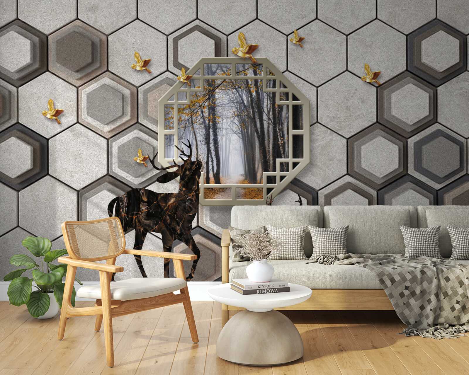 Papier peint cerf sur fond de forêt créé avec des mosaïques