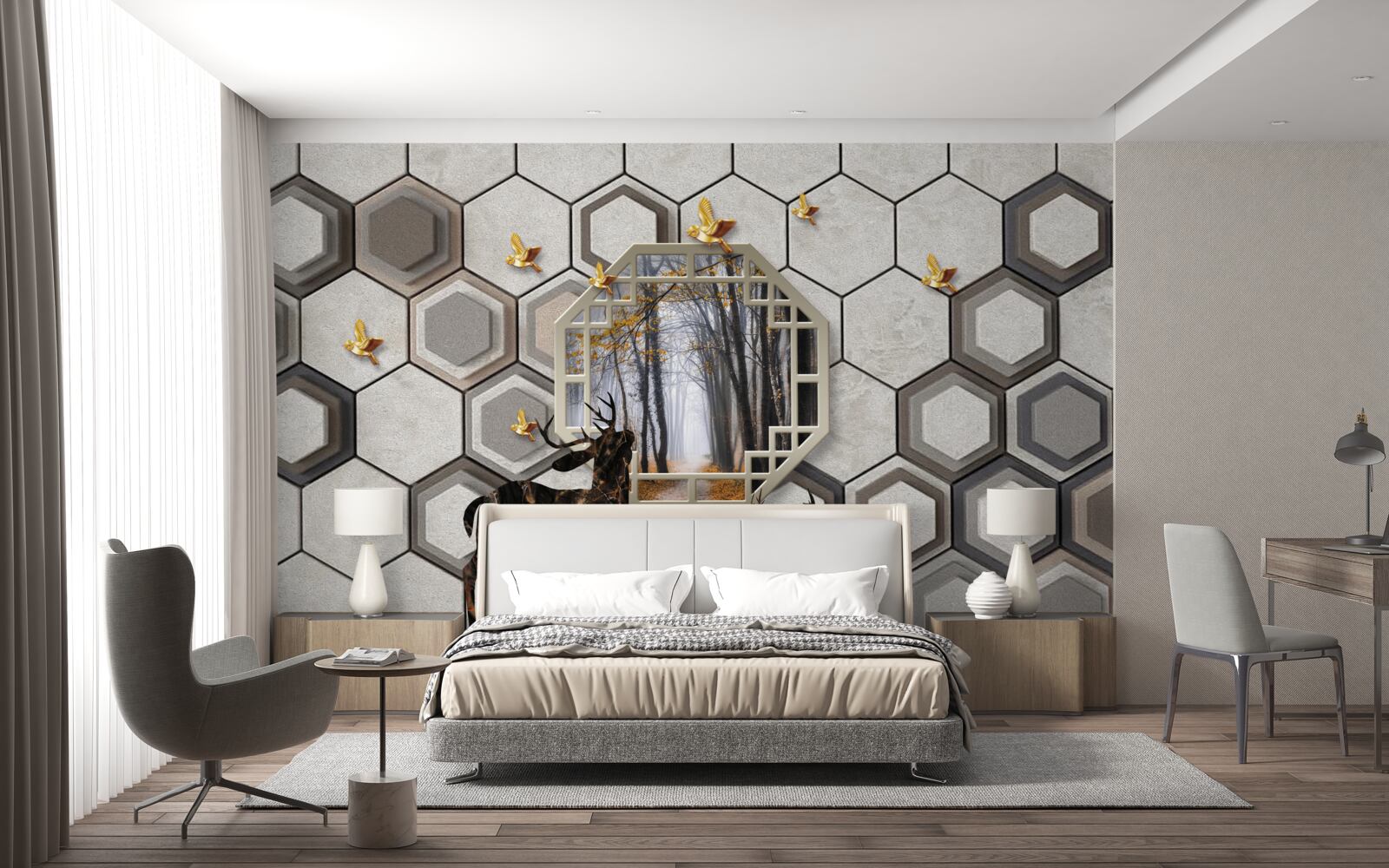 Papier peint cerf sur fond de forêt créé avec des mosaïques