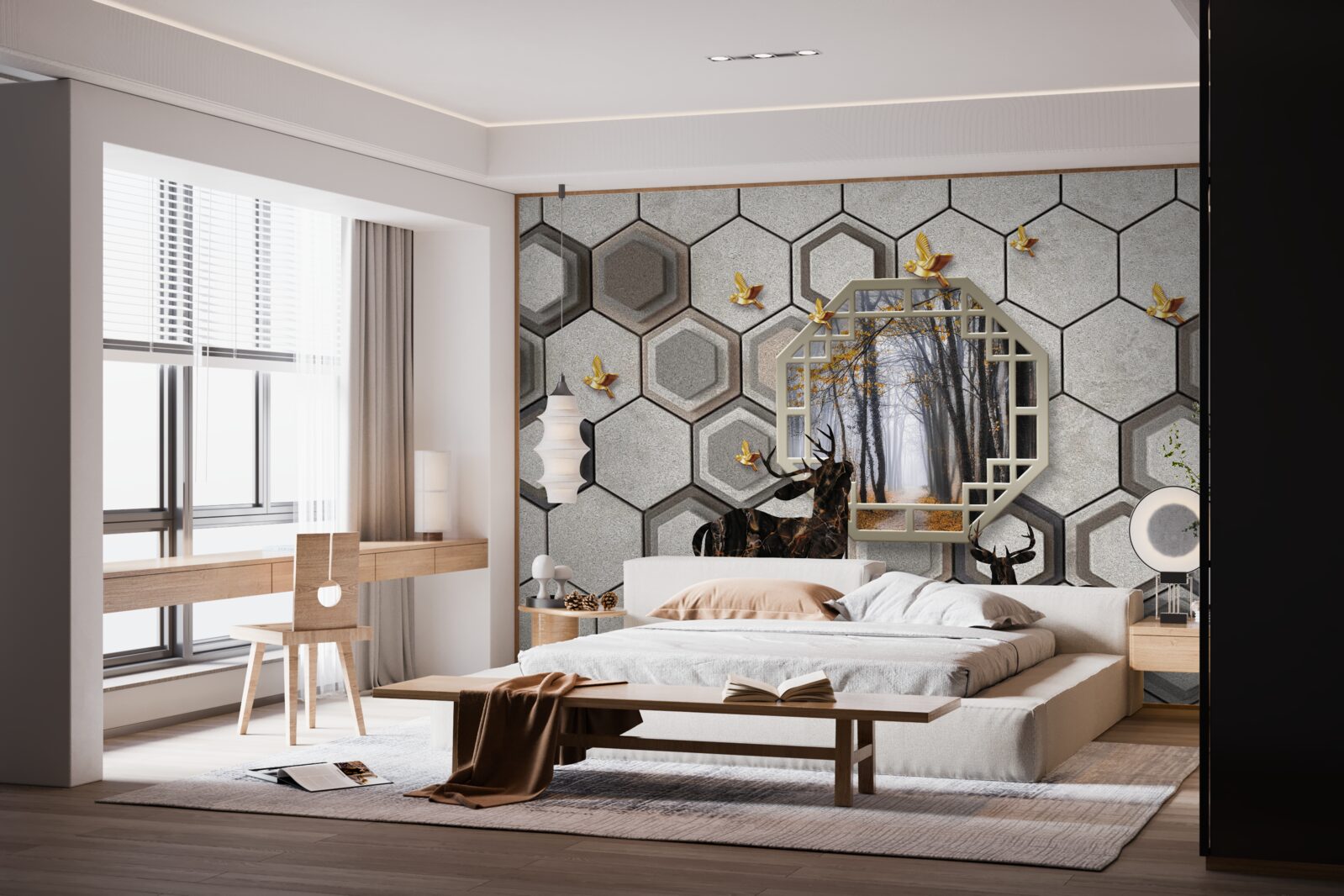 Papier peint cerf sur fond de forêt créé avec des mosaïques