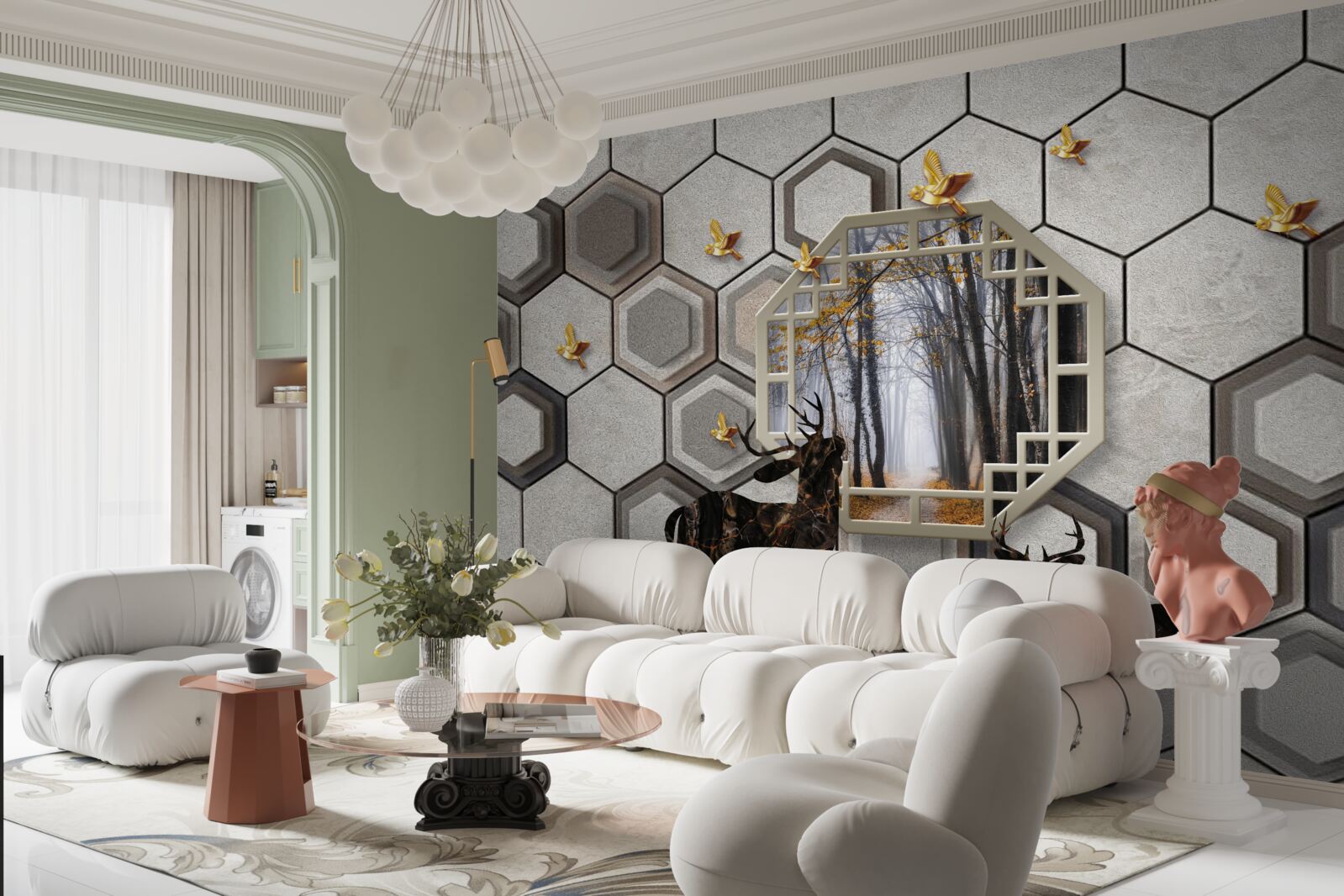 Papier peint cerf sur fond de forêt créé avec des mosaïques