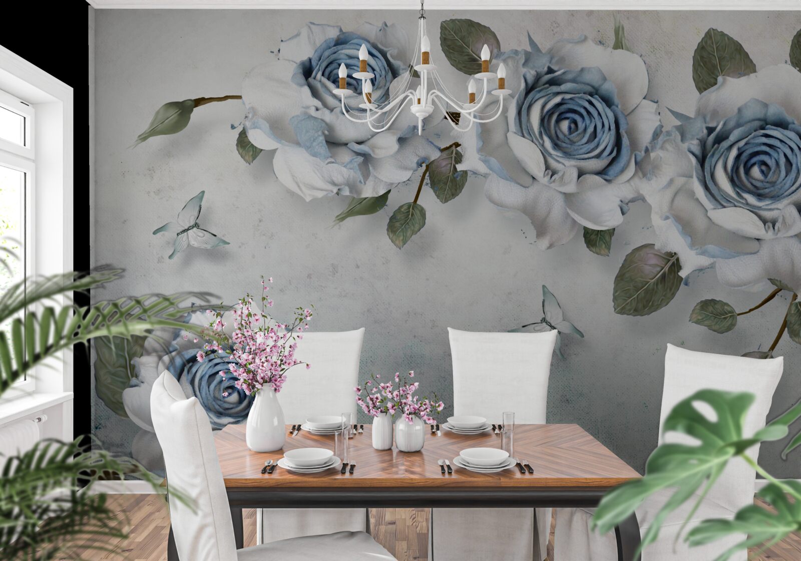 Papier peint bourgeons impressionnants blancs comme neige avec un centre bleu