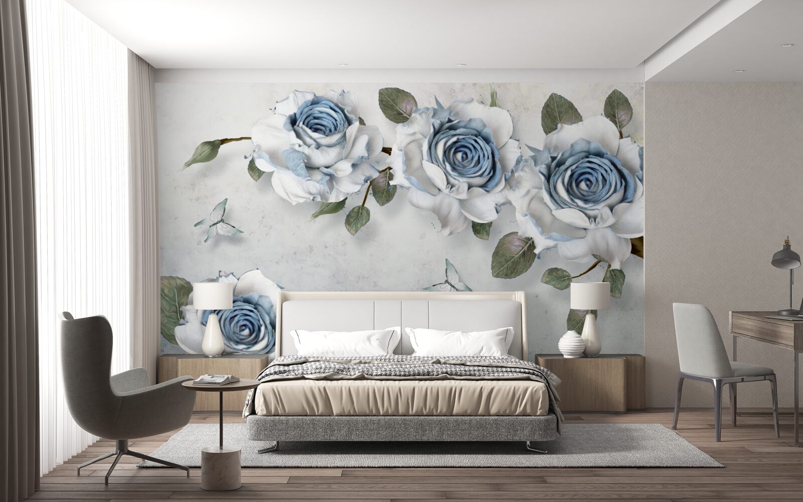 Papier peint bourgeons impressionnants blancs comme neige avec un centre bleu