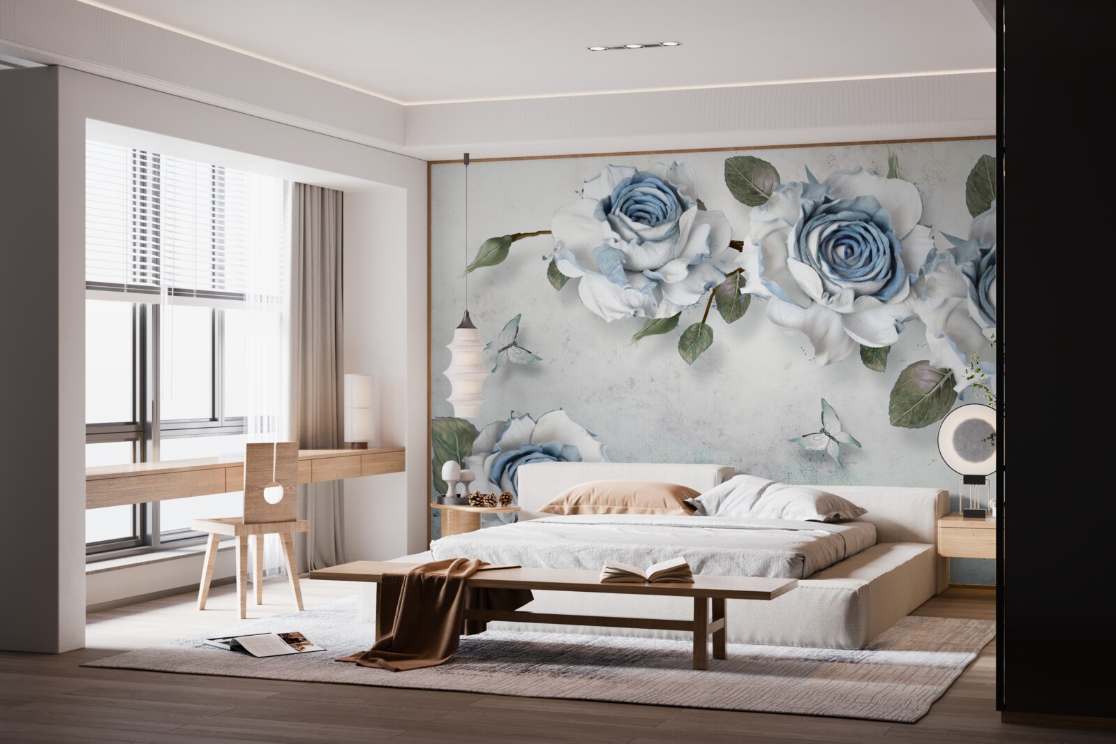 Papier peint bourgeons impressionnants blancs comme neige avec un centre bleu