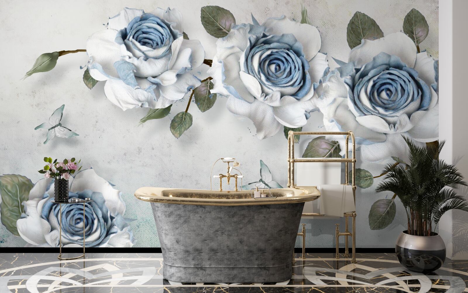 Papier peint bourgeons impressionnants blancs comme neige avec un centre bleu