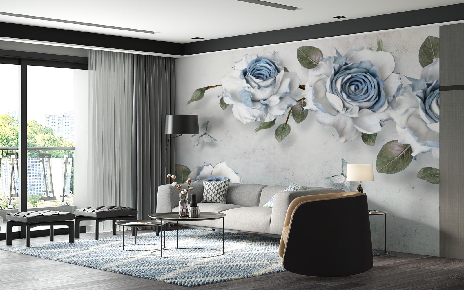 Papier peint bourgeons impressionnants blancs comme neige avec un centre bleu