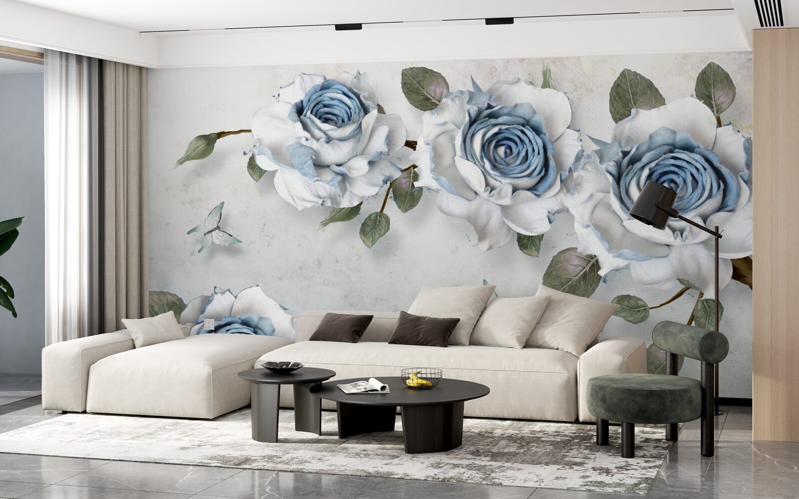 Papier peint bourgeons impressionnants blancs comme neige avec un centre bleu