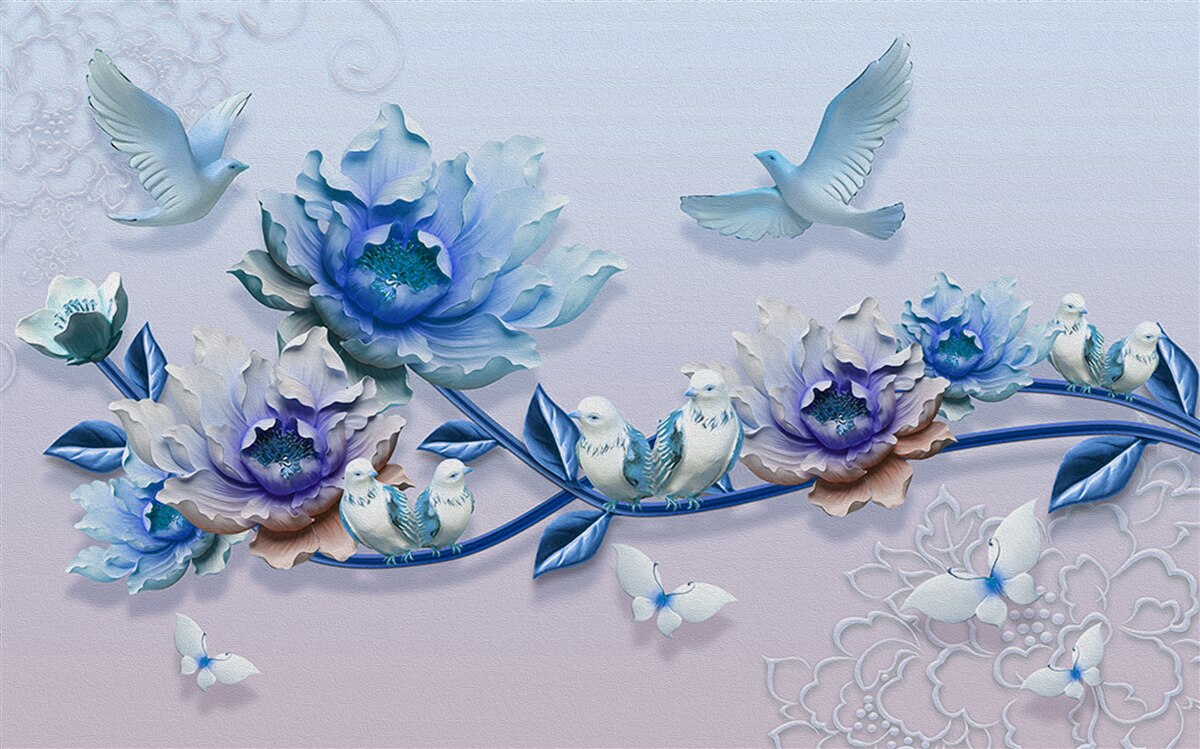 Papier peint une branche entrelacée de fleurs bleues est un paradis pour les pigeons