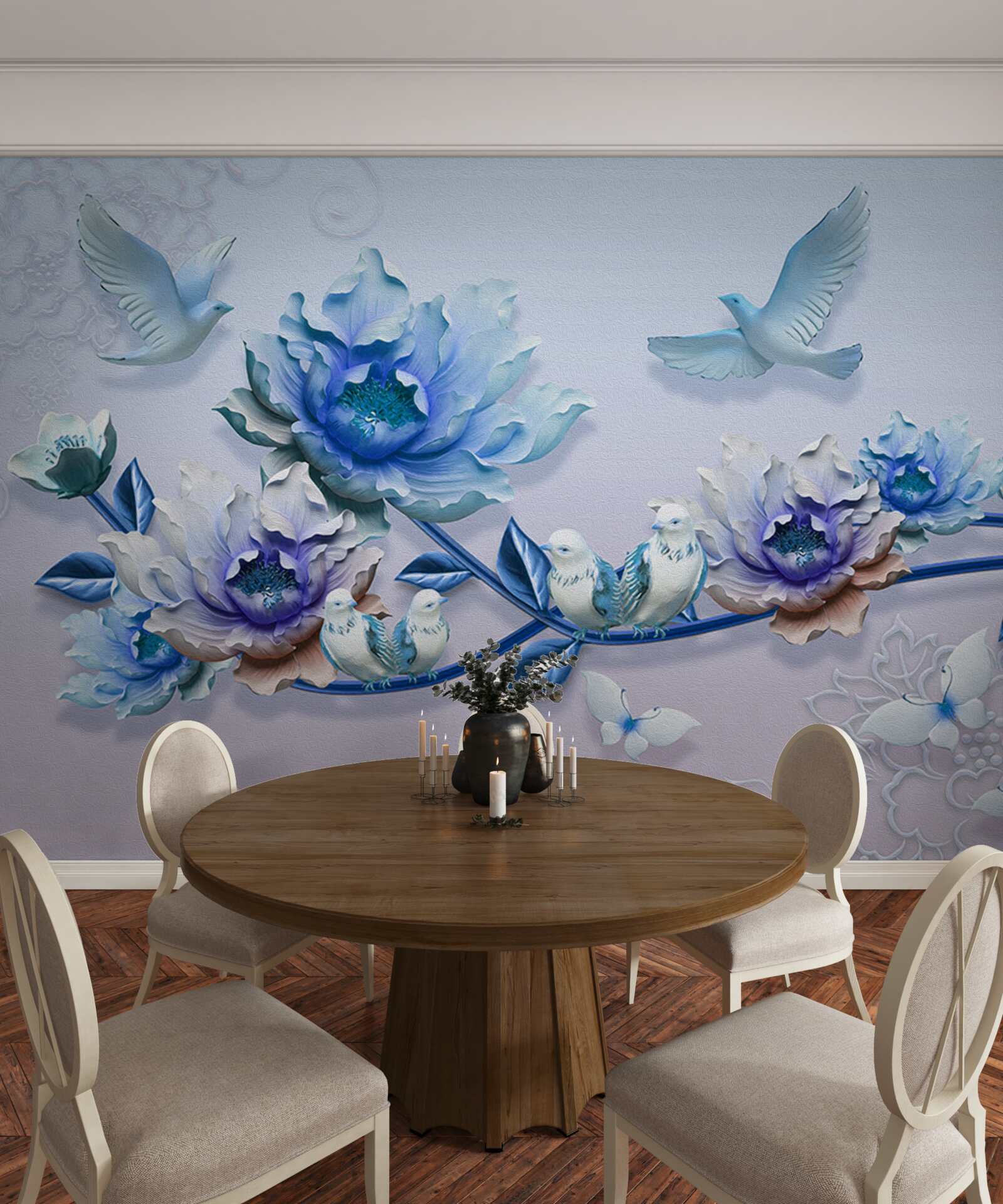 Papier peint une branche entrelacée de fleurs bleues est un paradis pour les pigeons