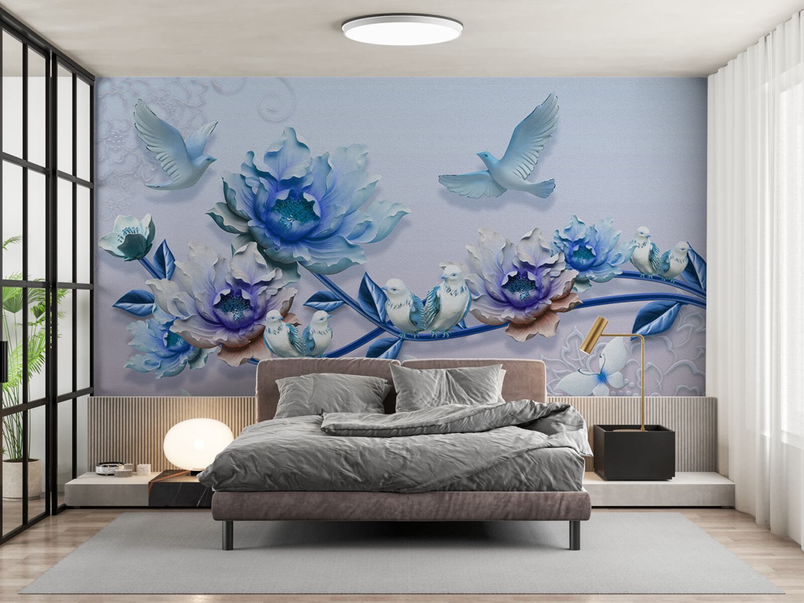 Papier peint une branche entrelacée de fleurs bleues est un paradis pour les pigeons