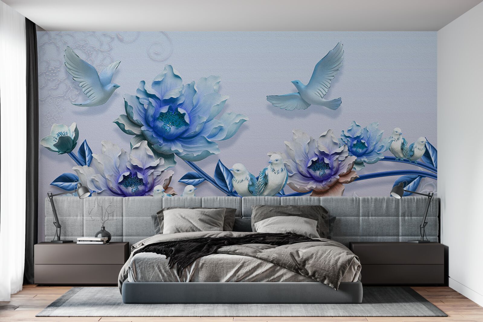 Papier peint une branche entrelacée de fleurs bleues est un paradis pour les pigeons