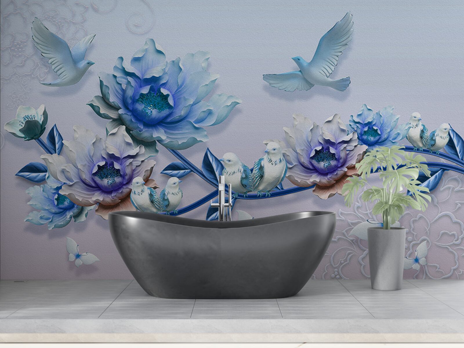 Papier peint une branche entrelacée de fleurs bleues est un paradis pour les pigeons