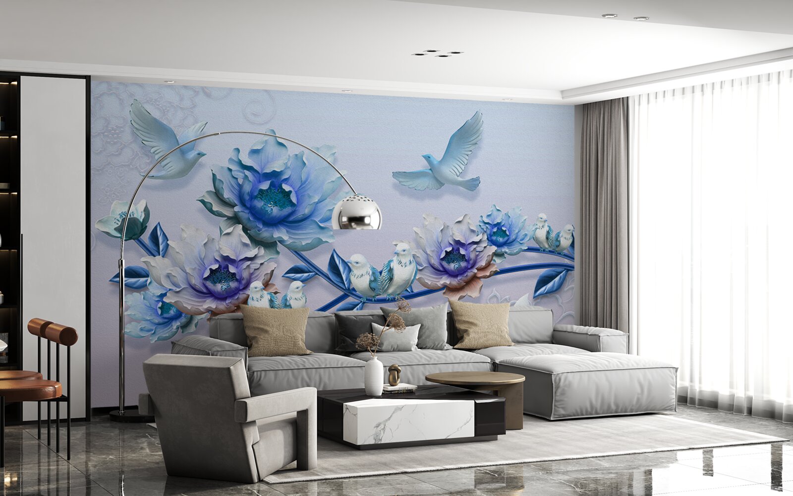 Papier peint une branche entrelacée de fleurs bleues est un paradis pour les pigeons