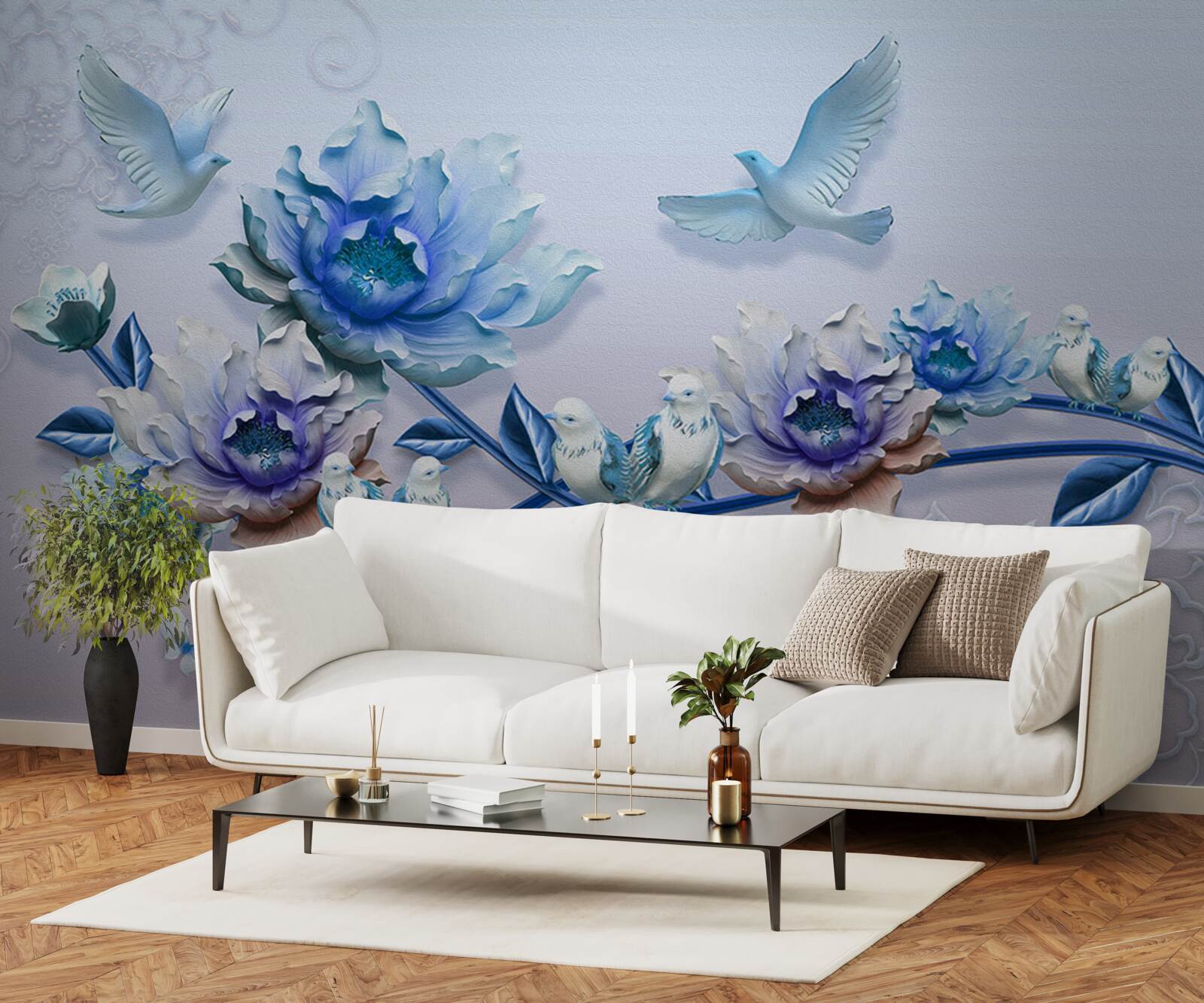 Papier peint une branche entrelacée de fleurs bleues est un paradis pour les pigeons