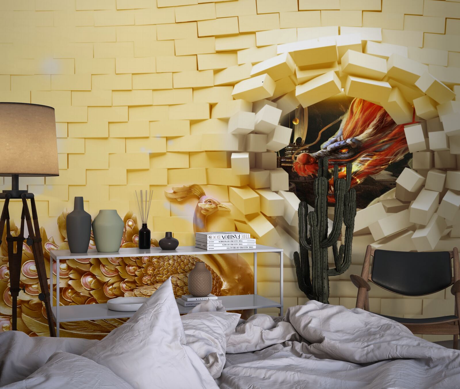 Papier peint Le mur est détruit par un paon