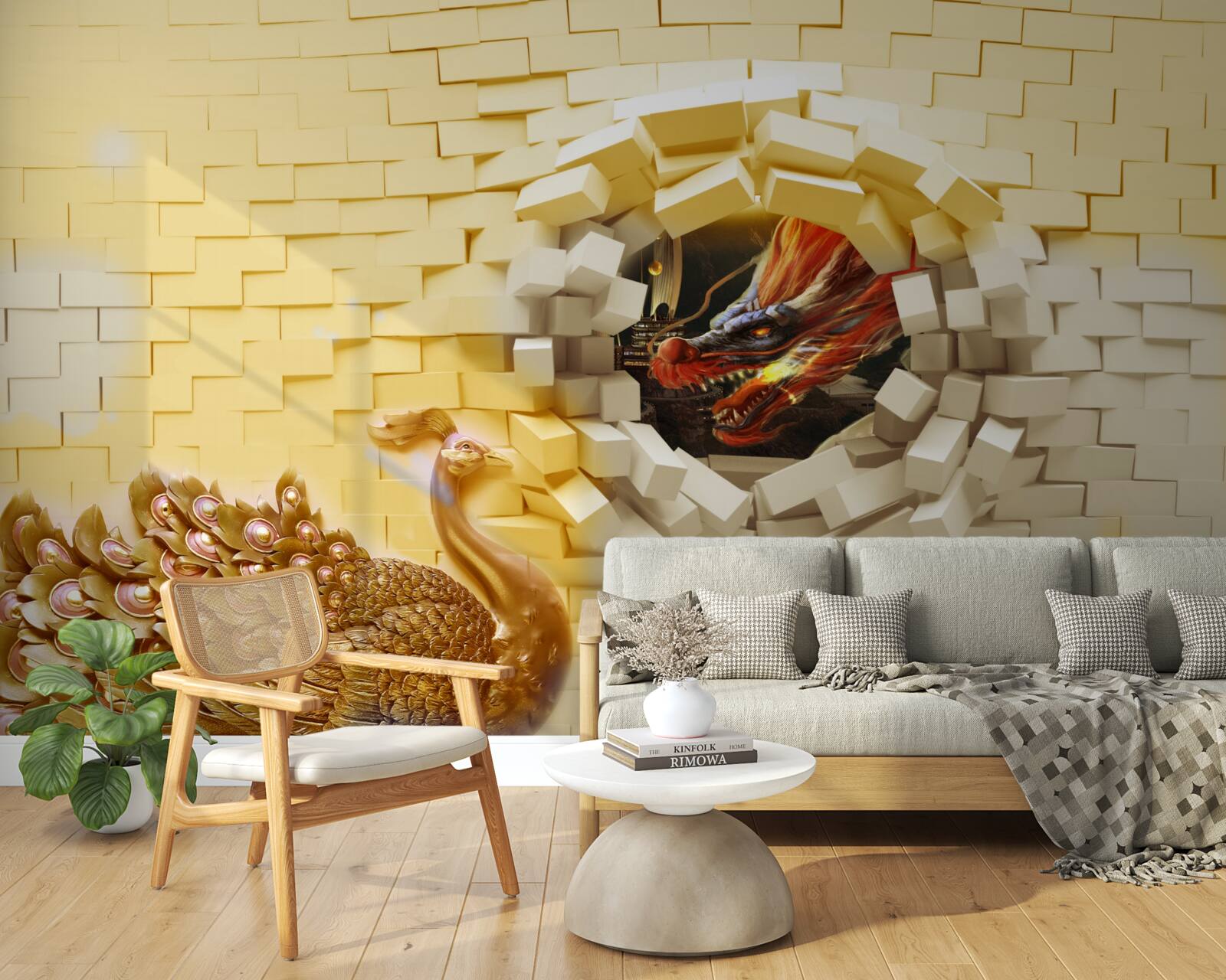 Papier peint Le mur est détruit par un paon