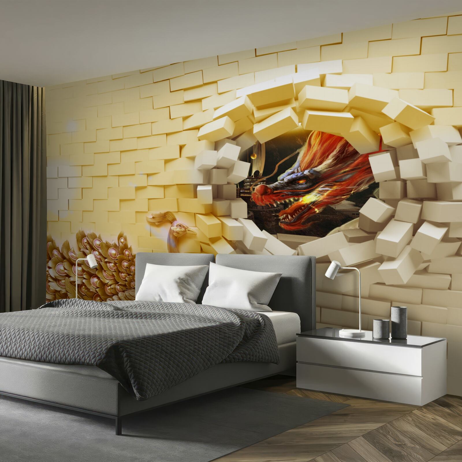 Papier peint Le mur est détruit par un paon