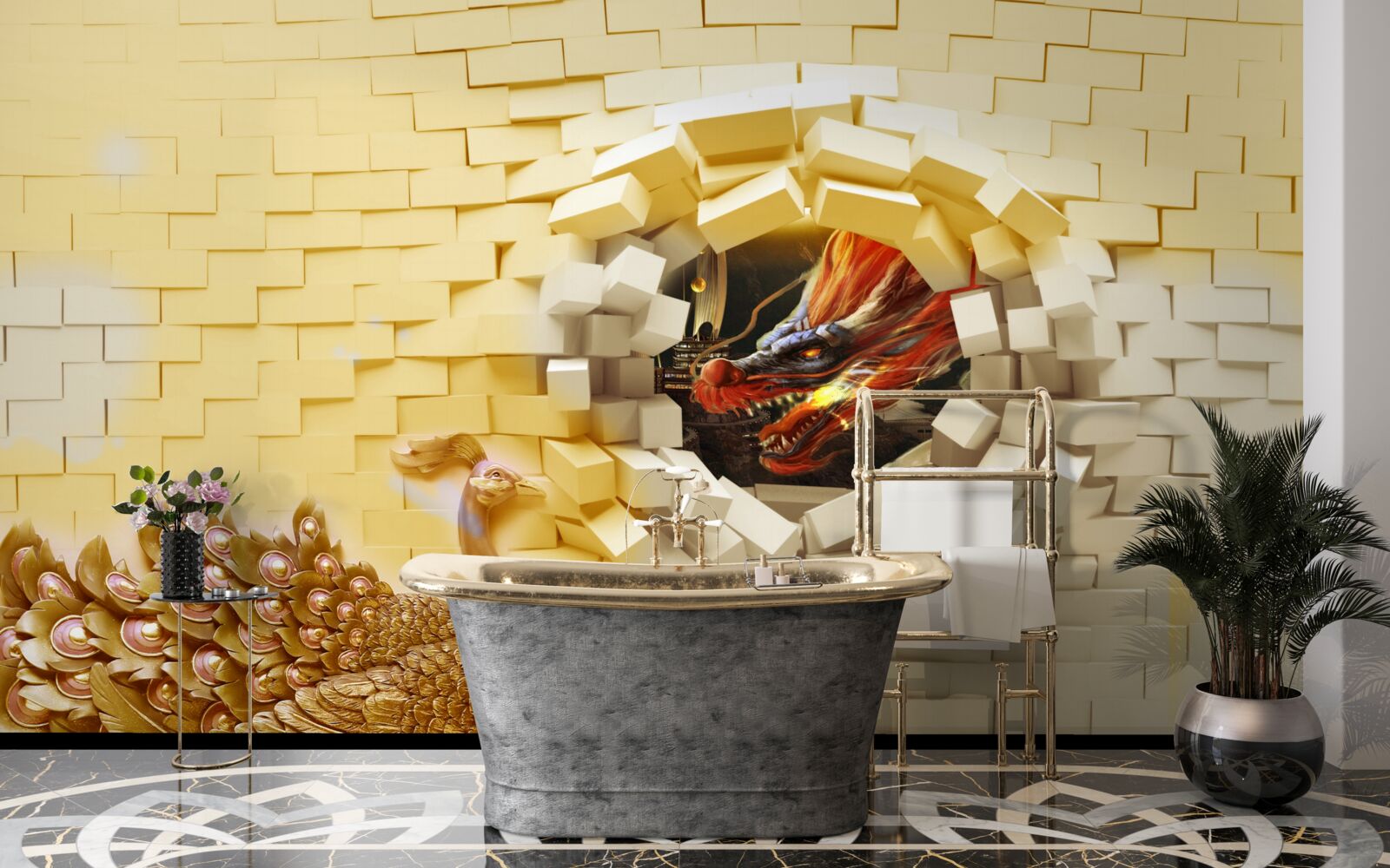 Papier peint Le mur est détruit par un paon