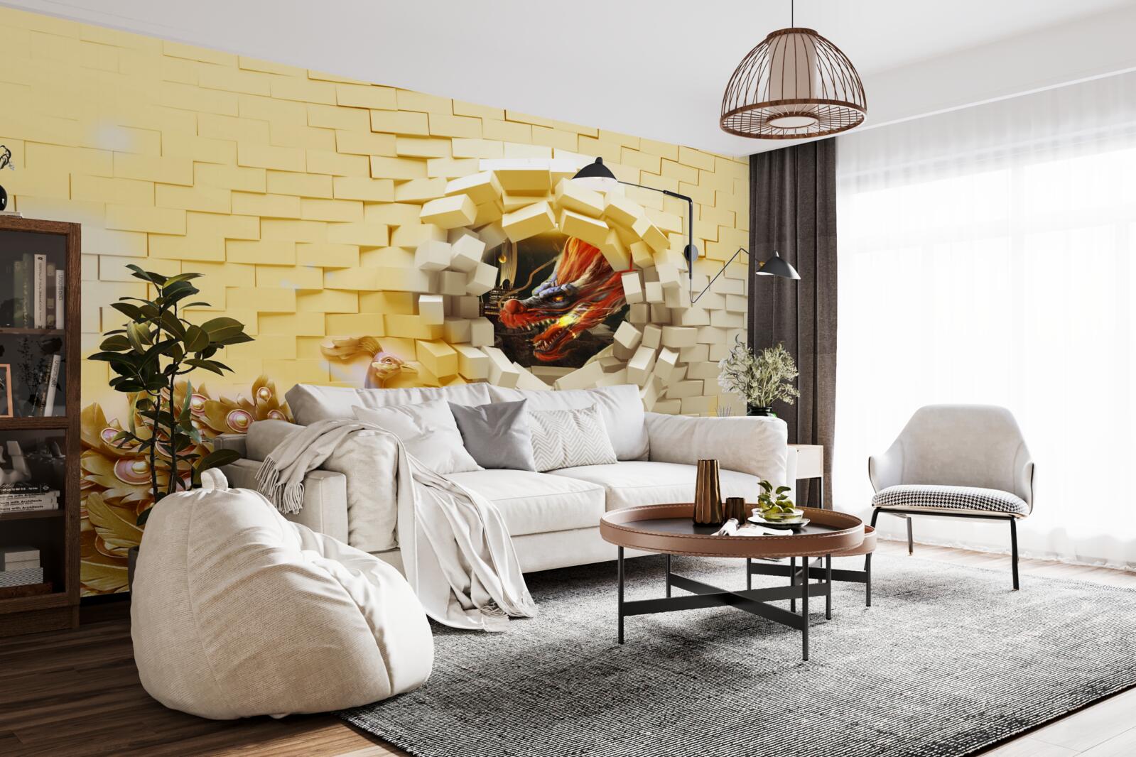 Papier peint Le mur est détruit par un paon