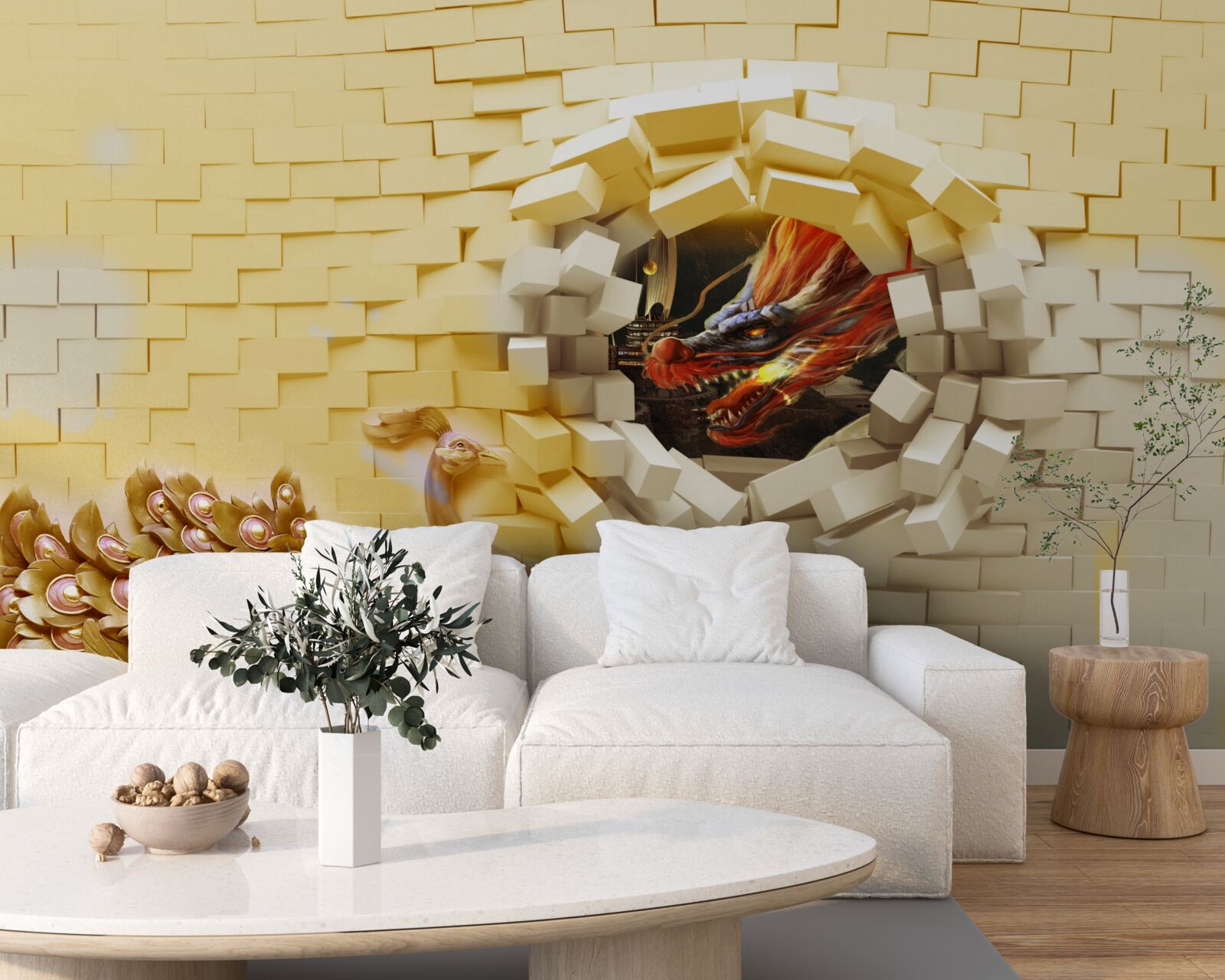 Papier peint Le mur est détruit par un paon