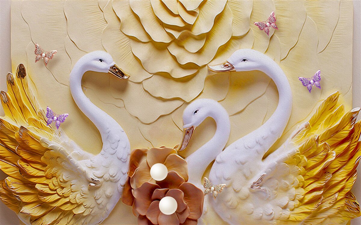 Papier peint Les cygnes sont blancs et leurs ailes sont ornées de bandes dorées.